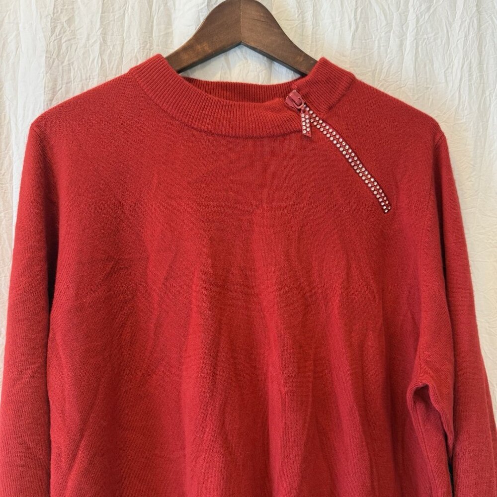 Quacker Factory 1/4 Side Zip Rhinestone Pullover Sweater Womens 1X Red Cozy Soft - Picture 2 of 12